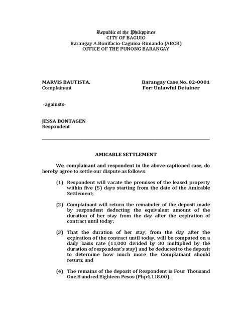 amicable settlement sample